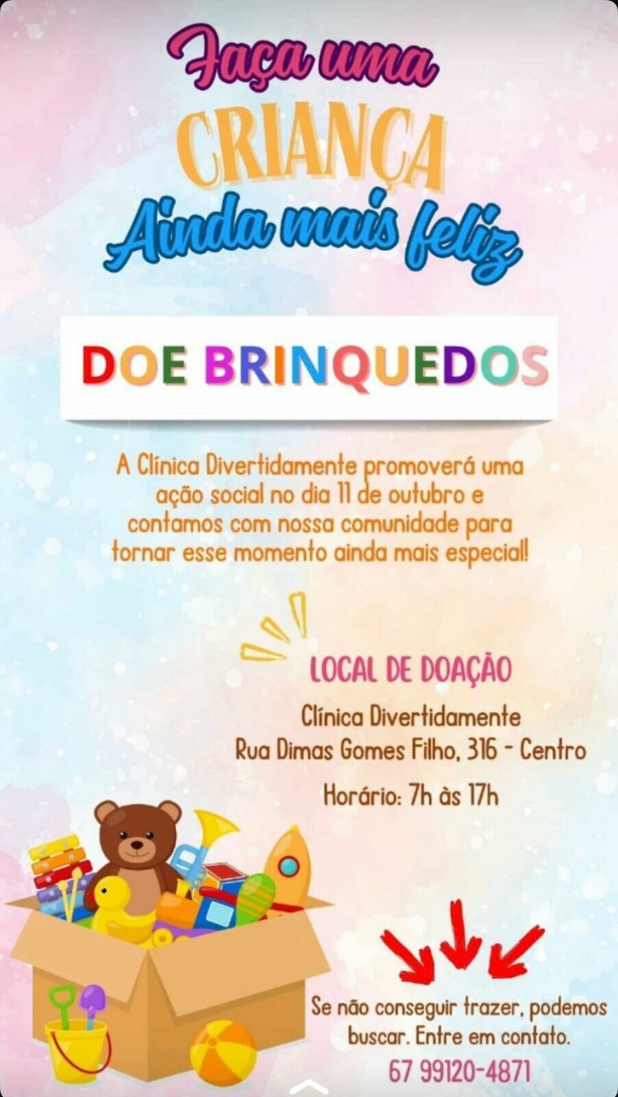 Imagem de compartilhamento para o artigo Clínica Divertidamente lança campanha solidária para arrecadação de brinquedos em Costa Rica da MS Todo dia